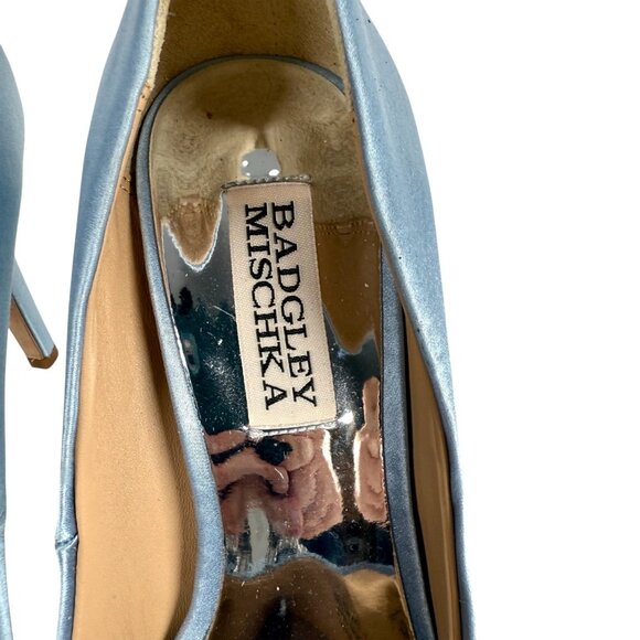 Badgley Mischka Pumps Size 9 Blue Satin Cher Crystal Buckle Pointed Toe Heels - Picture 3 of 10